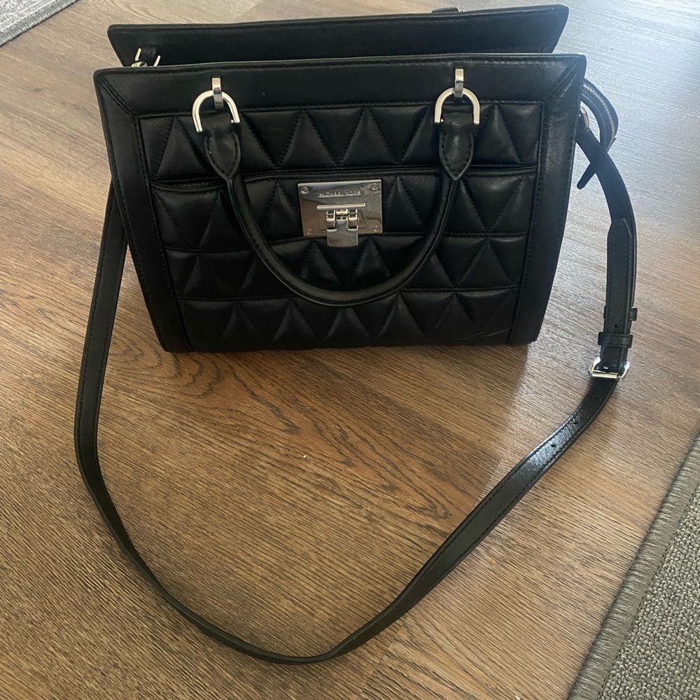 Michael Kors Vivianne Black Quilted Leather Large Top Zip Satchel Bag